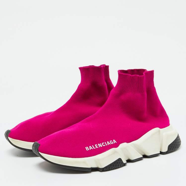 Pre Owned Balenciaga Bright Pink Knit Fabric Speed Trainer Slip On Sneakers Size 36