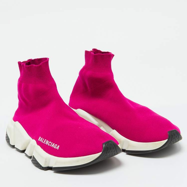 Pre Owned Balenciaga Bright Pink Knit Fabric Speed Trainer Slip On Sneakers Size 36