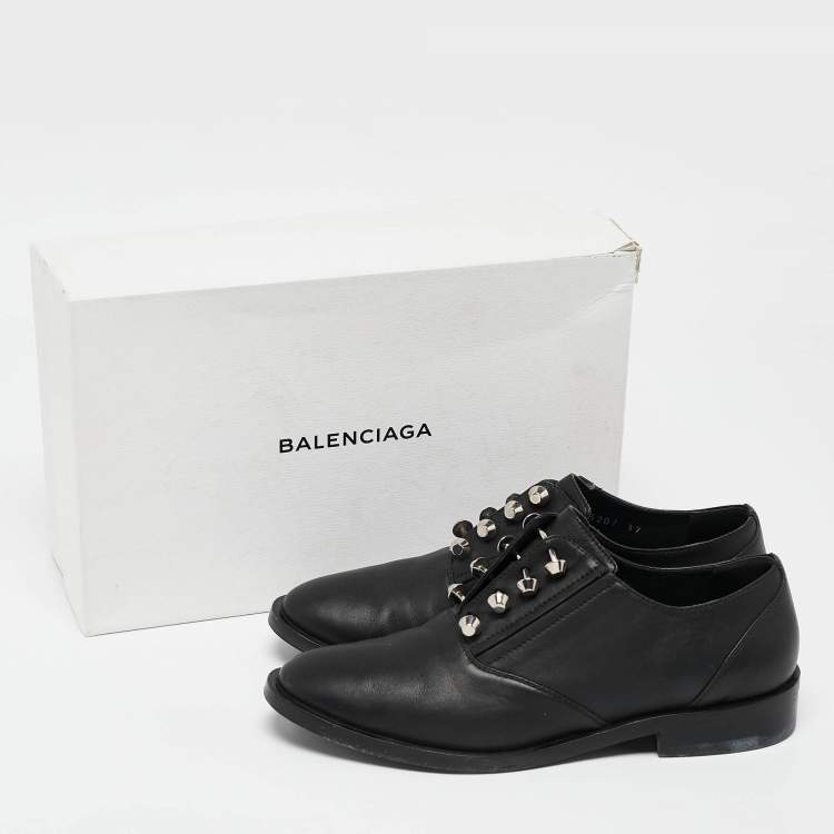 Pre Owned Balenciaga Black Leather Pierced Oxfords Size 37