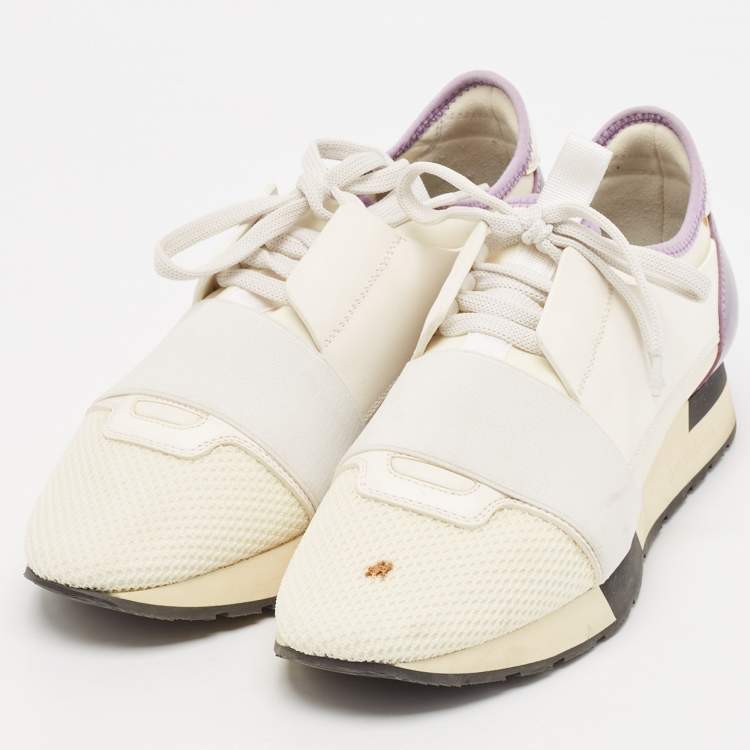 Pre Owned Balenciaga White Leather and Mesh Race Runner Low Top Sneakers Size 38