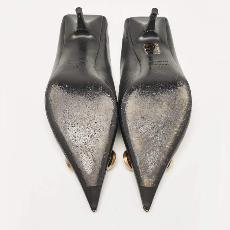 Pre Owned Balenciaga Black Leather Logo Knife Pointed Toe Mules Size 38