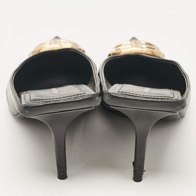 Pre Owned Balenciaga Black Leather Logo Knife Pointed Toe Mules Size 38