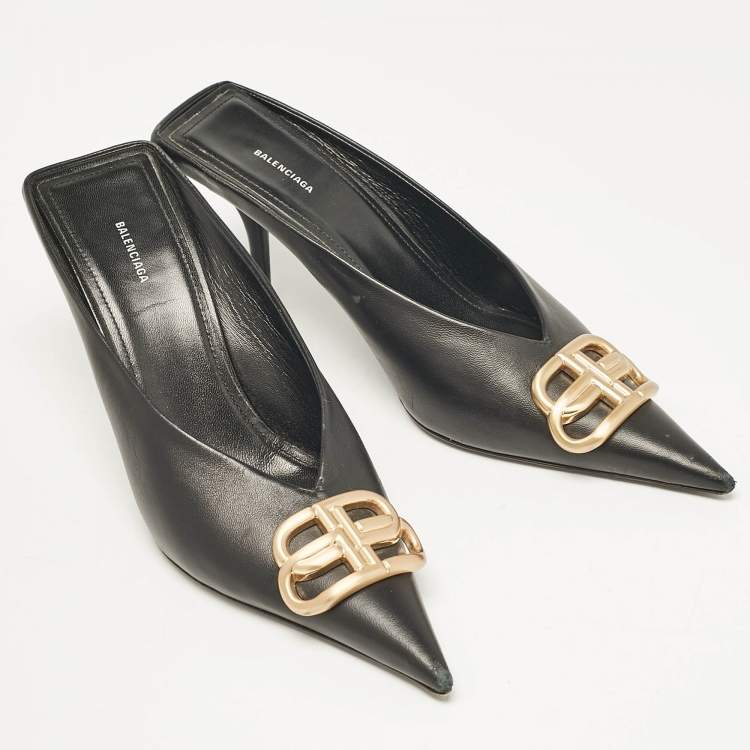 Pre Owned Balenciaga Black Leather Logo Knife Pointed Toe Mules Size 38