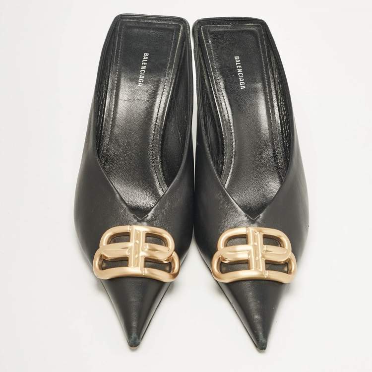 Pre Owned Balenciaga Black Leather Logo Knife Pointed Toe Mules Size 38