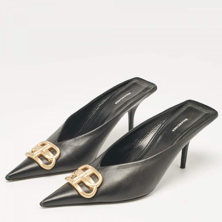 Pre Owned Balenciaga Black Leather Logo Knife Pointed Toe Mules Size 38