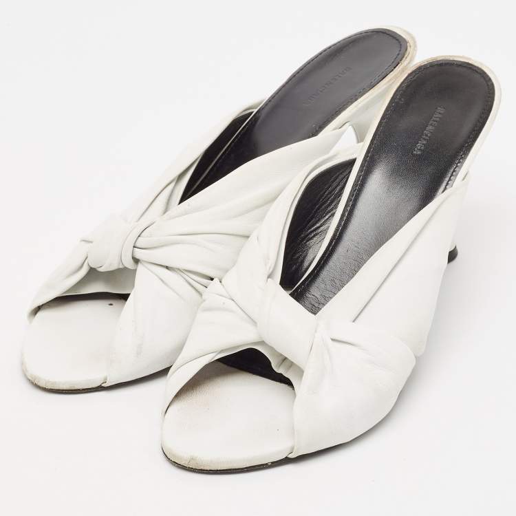 Pre Owned Balenciaga White Leather Knot Open Toe Slide Sandals Size 40.5