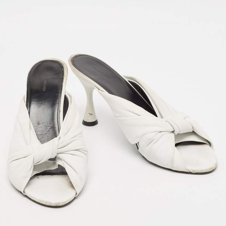 Pre Owned Balenciaga White Leather Knot Open Toe Slide Sandals Size 40.5