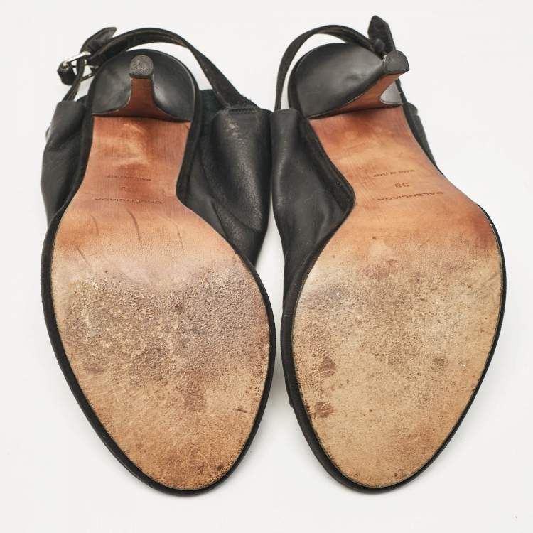 Pre Owned Balenciaga Black Leather Open Toe Slingback Mule Sandals Size 38