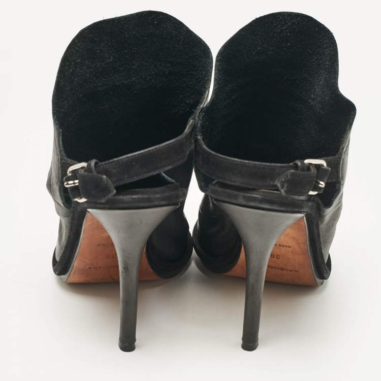 Pre Owned Balenciaga Black Leather Open Toe Slingback Mule Sandals Size 38