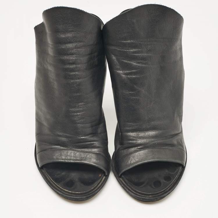 Pre Owned Balenciaga Black Leather Open Toe Slingback Mule Sandals Size 38