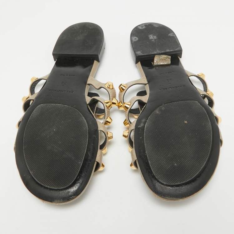 Pre Owned Balenciaga Grey Leather Arena Flat Sandals Size 38