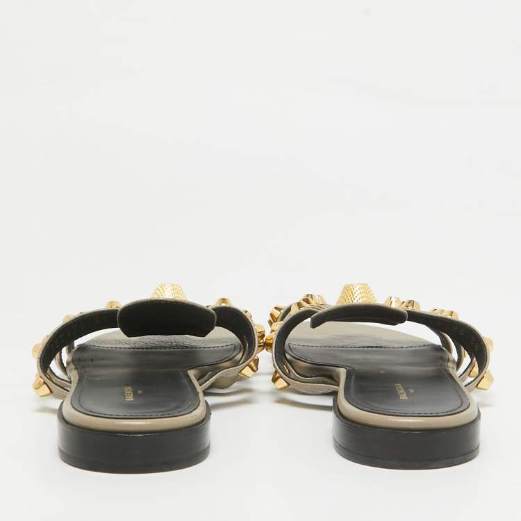 Pre Owned Balenciaga Grey Leather Arena Flat Sandals Size 38
