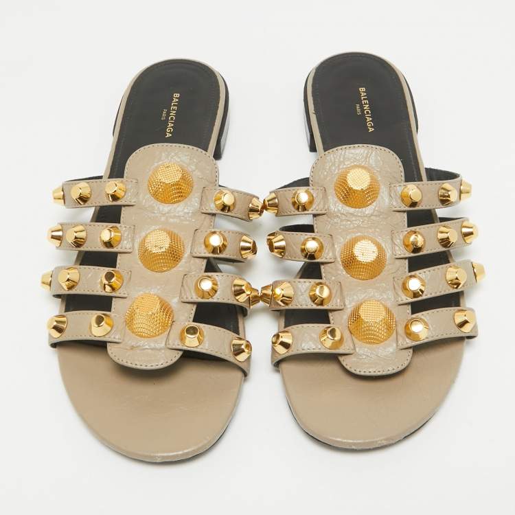 Pre Owned Balenciaga Grey Leather Arena Flat Sandals Size 38