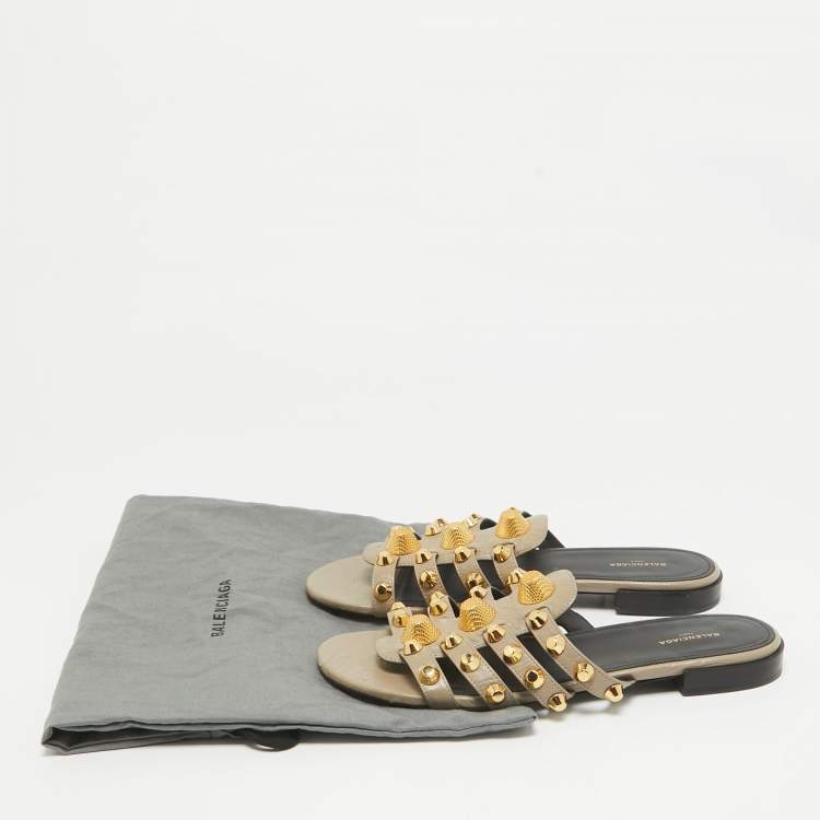 Pre Owned Balenciaga Grey Leather Arena Flat Sandals Size 38