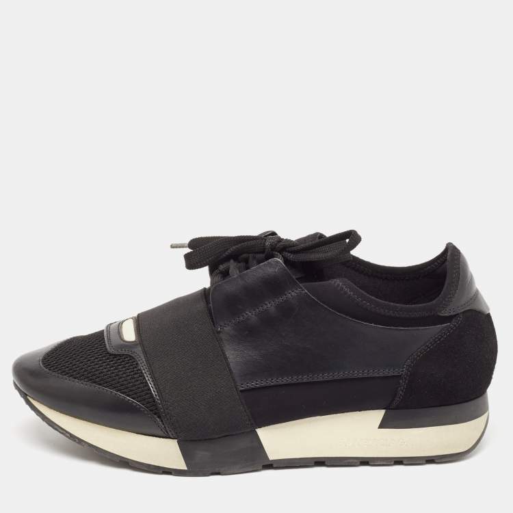 Pre Owned Balenciaga Black Leather and Mesh Race Runner Sneakers Size 38