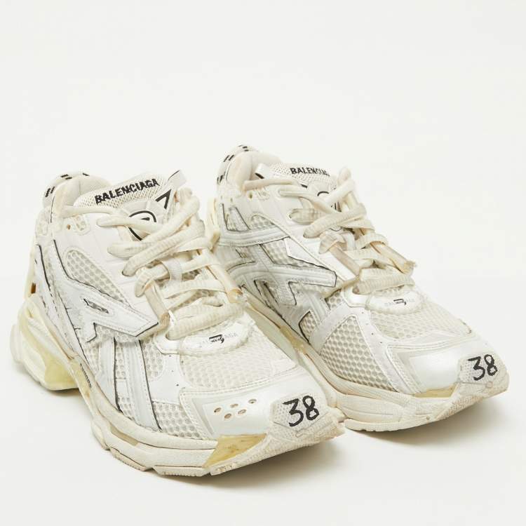 Pre Owned Balenciaga White Mesh and Faux Leather Runner Sneakers Size 38