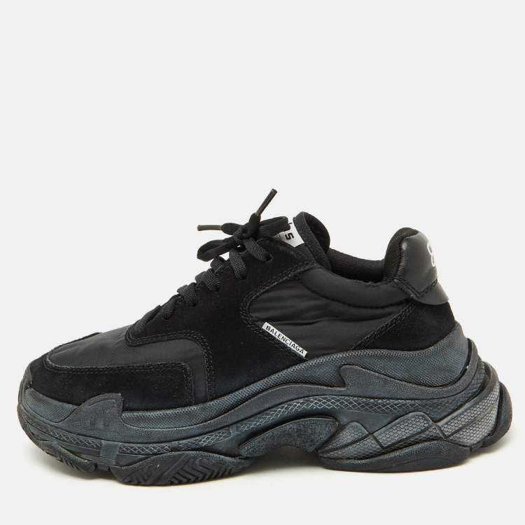 Pre Owned Balenciaga Black Nylon and Suede Triple S Sneakers Size 38