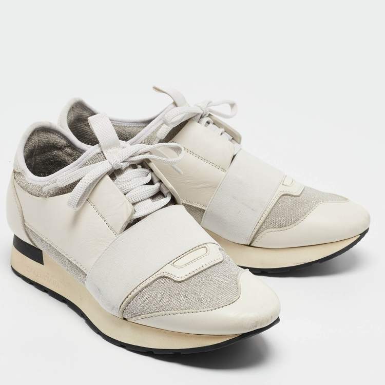 Pre Owned Balenciaga White Leather and Metallic Lurex Fabric Race Runner Sneakers Size 38