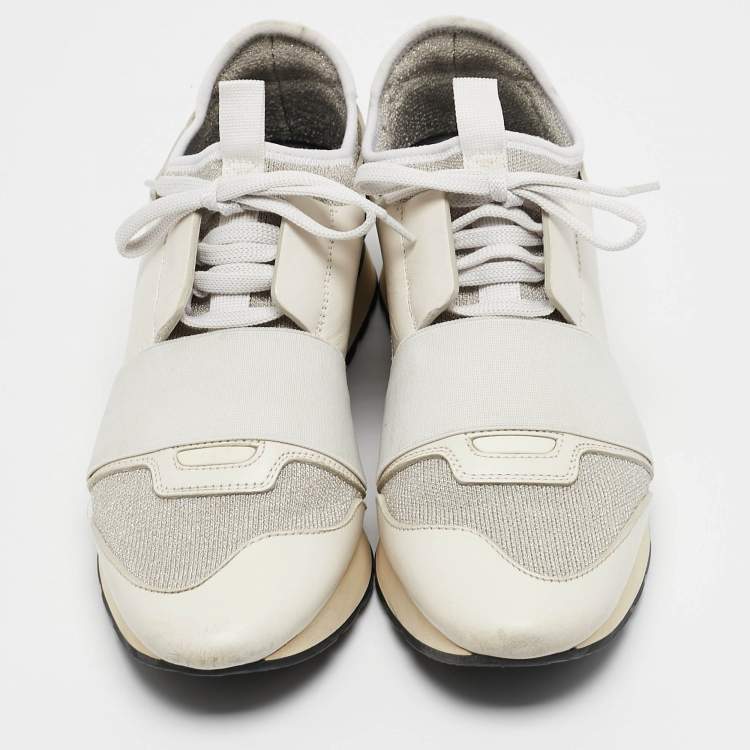 Pre Owned Balenciaga White Leather and Metallic Lurex Fabric Race Runner Sneakers Size 38