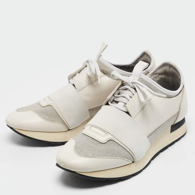 Pre Owned Balenciaga White Leather and Metallic Lurex Fabric Race Runner Sneakers Size 38
