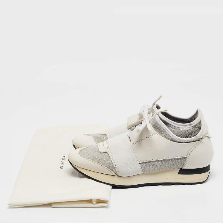 Pre Owned Balenciaga White Leather and Metallic Lurex Fabric Race Runner Sneakers Size 38