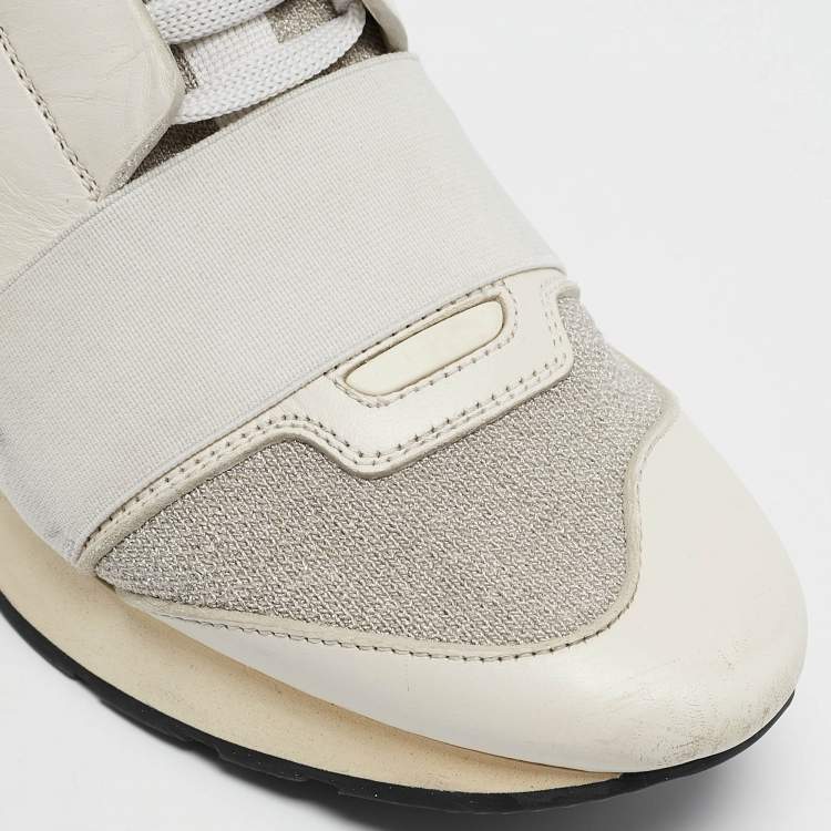 Pre Owned Balenciaga White Leather and Metallic Lurex Fabric Race Runner Sneakers Size 38