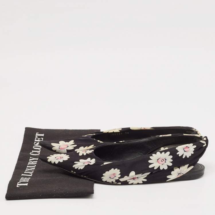 Pre Owned Balenciaga Black Floral Print Fabric Pointed Toe Slingback Flats Size 38