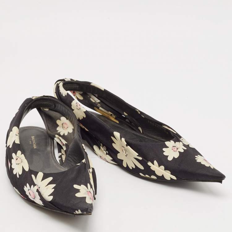 Pre Owned Balenciaga Black Floral Print Fabric Pointed Toe Slingback Flats Size 38