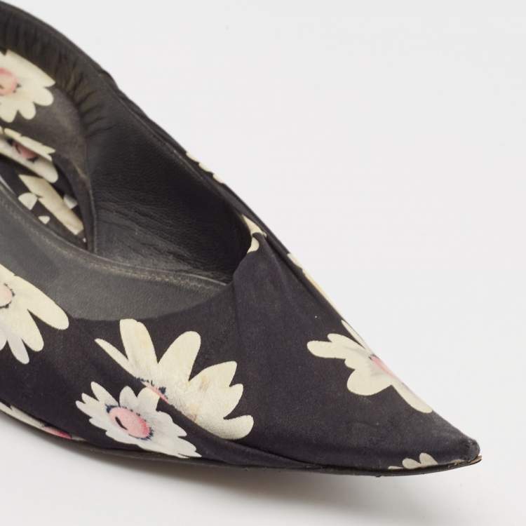Pre Owned Balenciaga Black Floral Print Fabric Pointed Toe Slingback Flats Size 38