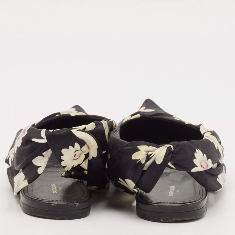 Pre Owned Balenciaga Black Floral Print Fabric Pointed Toe Slingback Flats Size 38