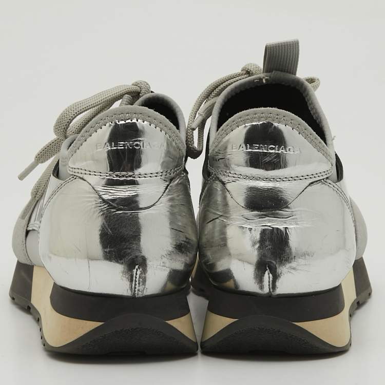 Pre Owned Balenciaga Silver Leather and Mesh Race Runner Sneakers Size 36