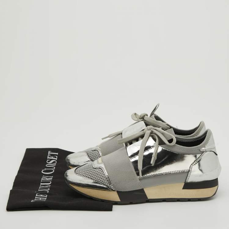 Pre Owned Balenciaga Silver Leather and Mesh Race Runner Sneakers Size 36