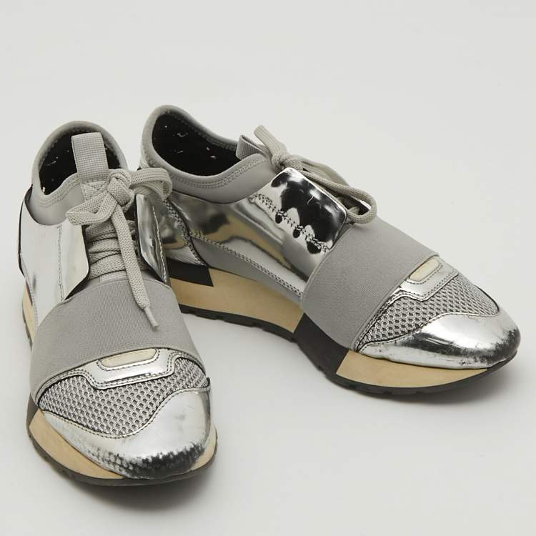 Pre Owned Balenciaga Silver Leather and Mesh Race Runner Sneakers Size 36