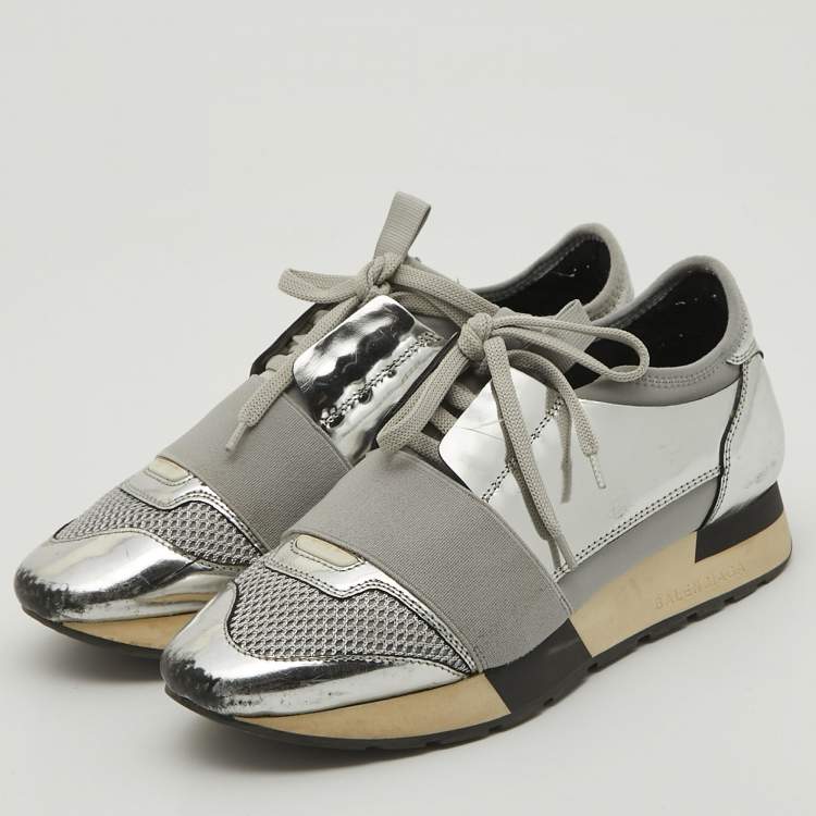 Pre Owned Balenciaga Silver Leather and Mesh Race Runner Sneakers Size 36