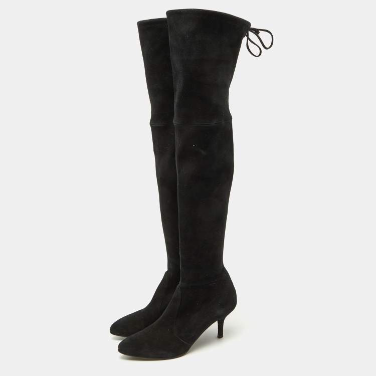Pre Owned Stuart Weitzman Black Suede Leather Highland Over The Knee Boots Size 37.5
