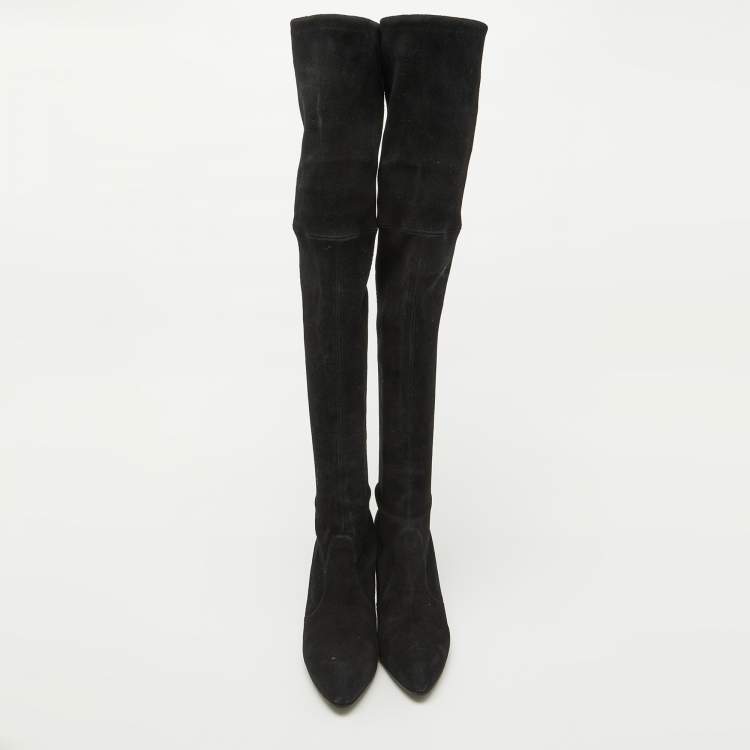 Pre Owned Stuart Weitzman Black Suede Leather Highland Over The Knee Boots Size 37.5