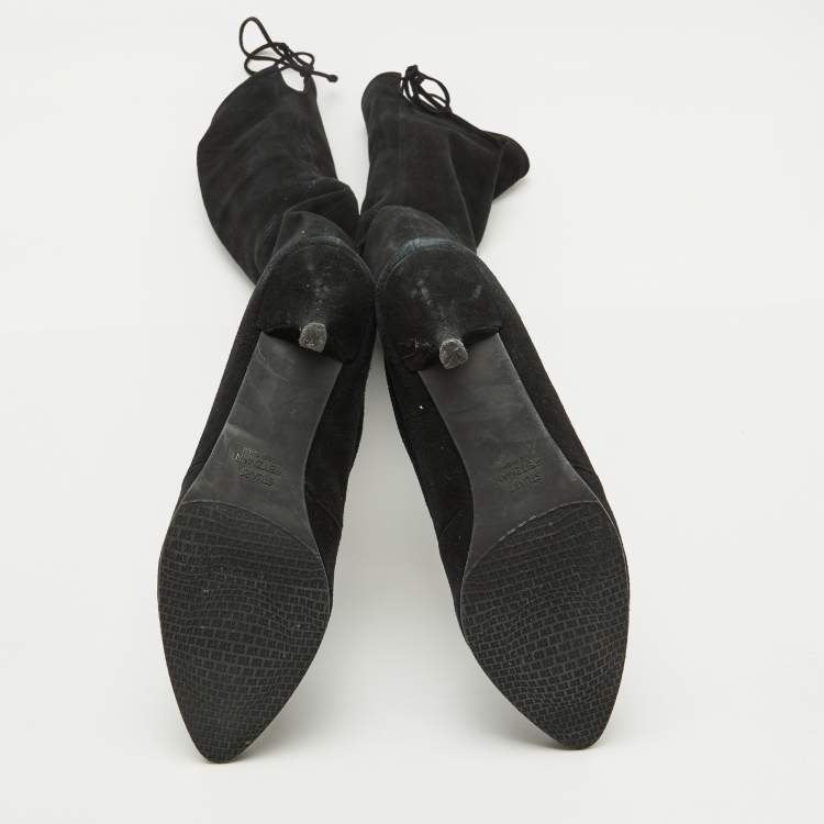 Pre Owned Stuart Weitzman Black Suede Leather Highland Over The Knee Boots Size 37.5