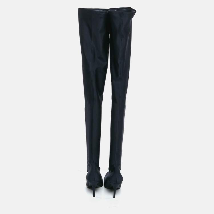 Pre Owned Balenciaga Navy Blue Knit Fabric Over The Knee Boots Size 40