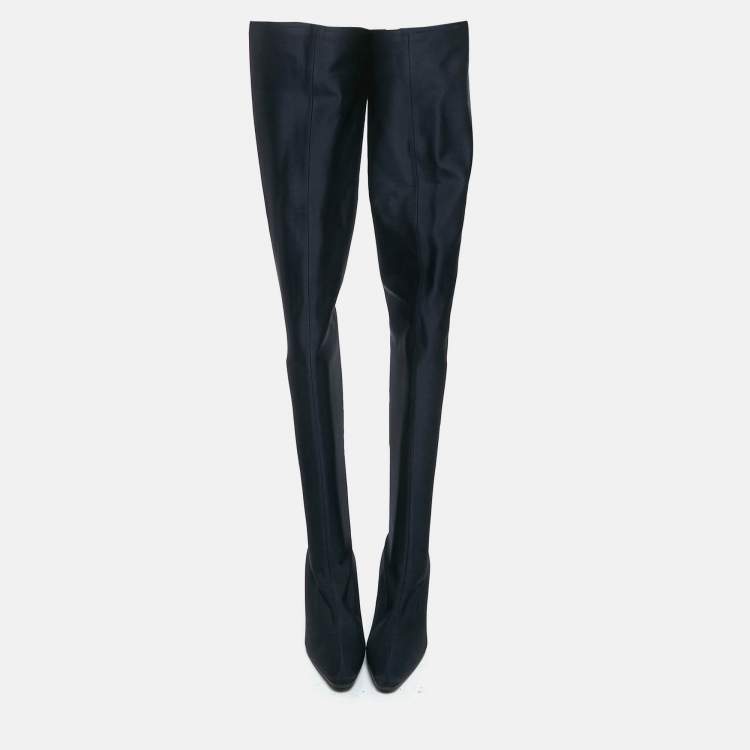 Pre Owned Balenciaga Navy Blue Knit Fabric Over The Knee Boots Size 40
