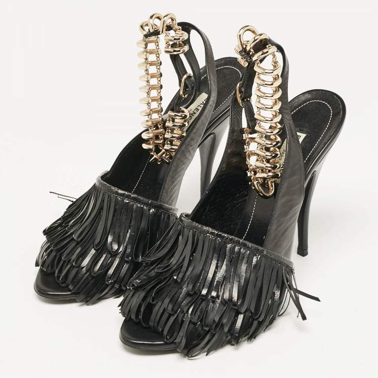 Pre Owned Balenciaga Black Fringe Leather Chain Detail Ankle Strap Sandals Size 39