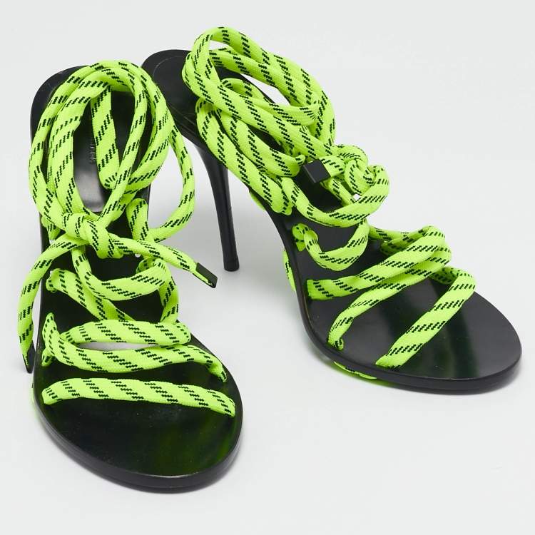 Pre Owned Balenciaga Neon Green Fabric Lace Up Sandals Size 39