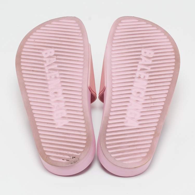 Pre Owned Balenciaga Pink Rubber Logo Embossed Flat Slides Size 39