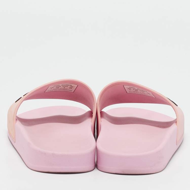 Pre Owned Balenciaga Pink Rubber Logo Embossed Flat Slides Size 39