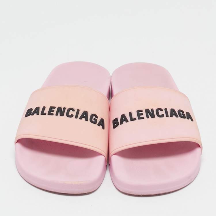 Pre Owned Balenciaga Pink Rubber Logo Embossed Flat Slides Size 39
