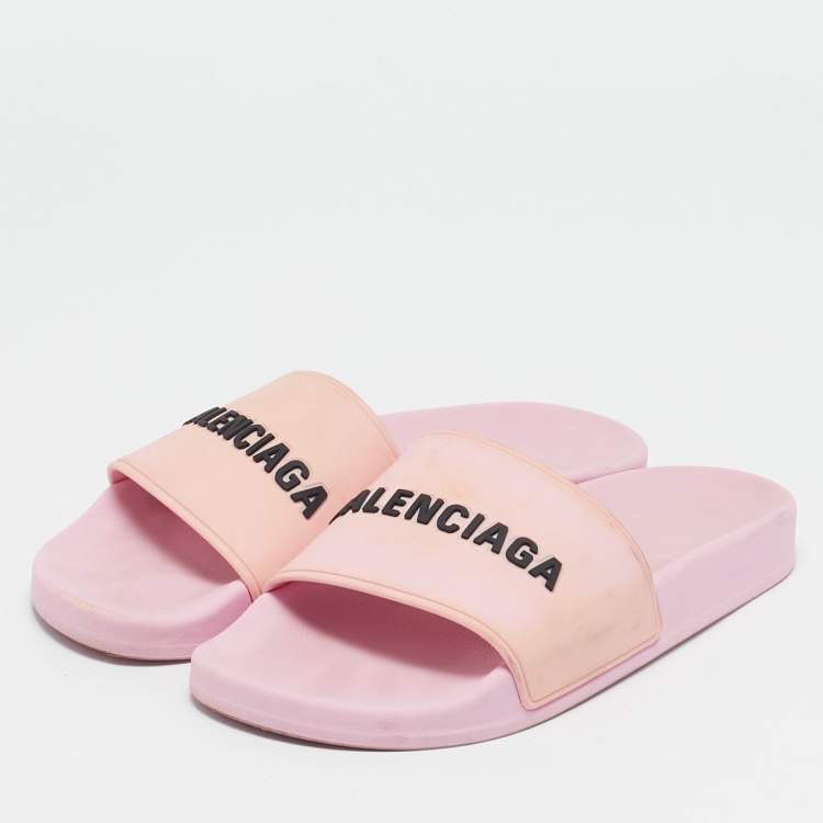 Pre Owned Balenciaga Pink Rubber Logo Embossed Flat Slides Size 39