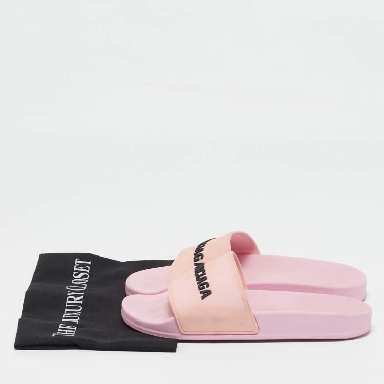 Pre Owned Balenciaga Pink Rubber Logo Embossed Flat Slides Size 39