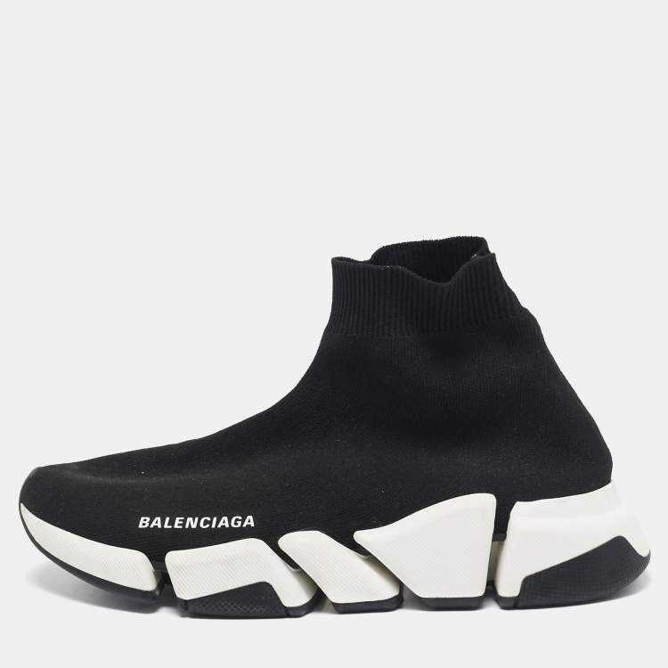 Pre Owned Balenciaga Black Knit Fabric Speed Trainer High Top Sneakers Size 38