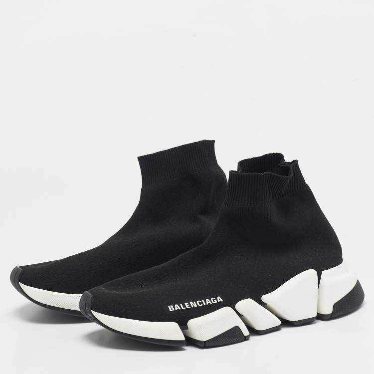 Pre Owned Balenciaga Black Knit Fabric Speed Trainer High Top Sneakers Size 38