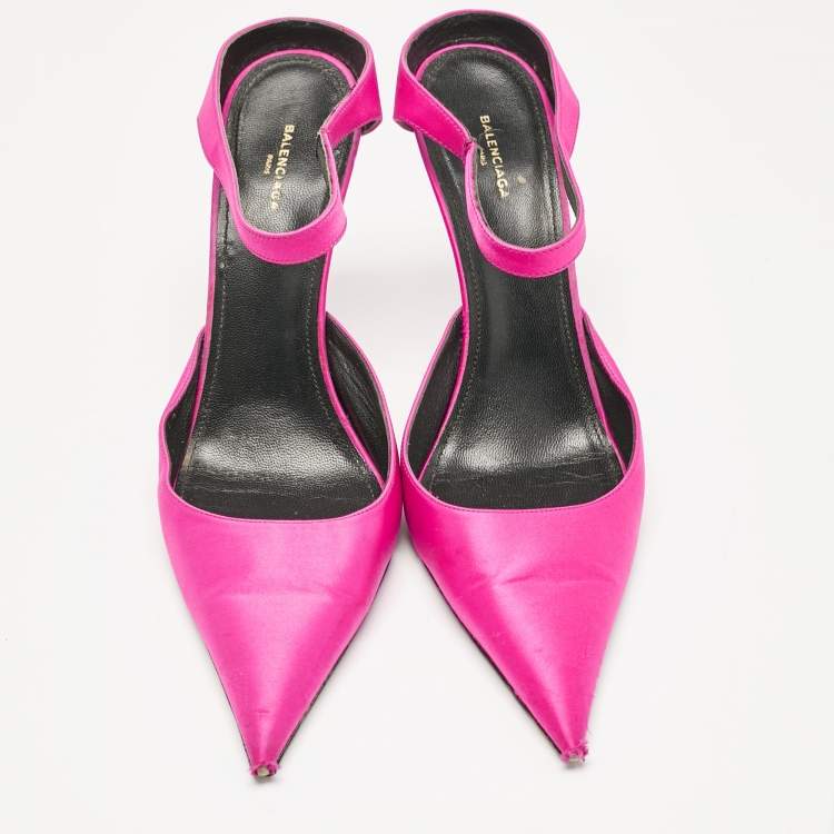 Pre Owned Balenciaga Pink Satin Pointed Toe Mary Jane Pumps Size 37.5