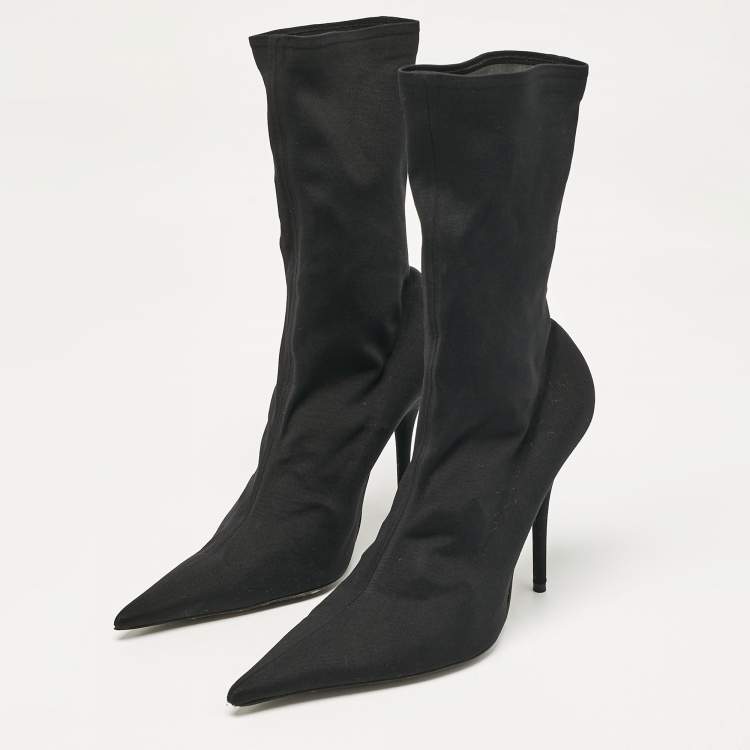 Pre Owned Balenciaga Black Stretch Fabric Knife Mid Calf Boots Size 38      